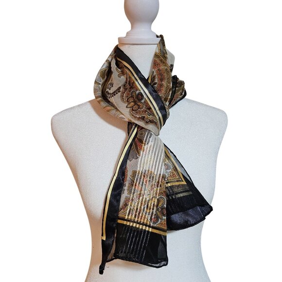 VTG Silk Blend Scarf head wrap Black Gold Paisley Boho Parisian Head Wrap - Picture 2 of 13